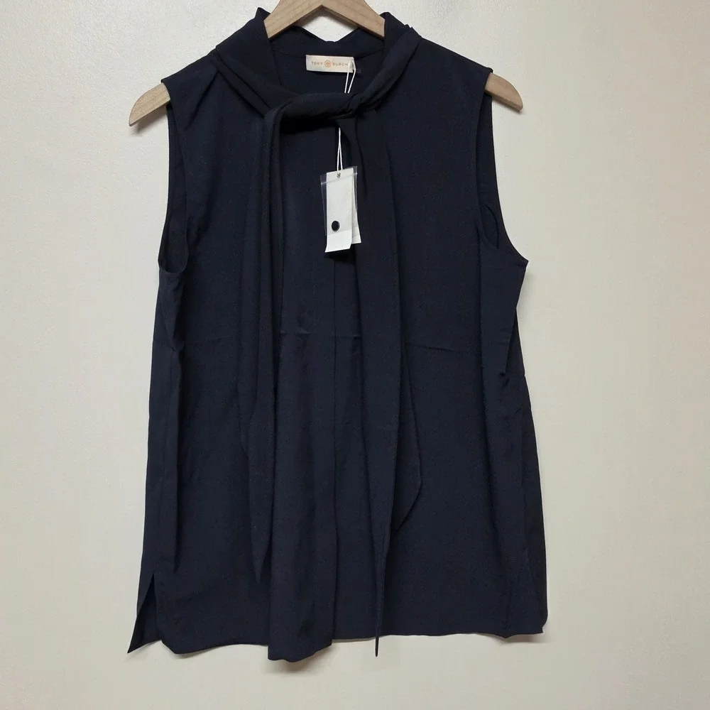 Tory Burch Sleeveless Bow Blouse Top Navy Blue Women's Size 12 NWT‎ Tie-Neck